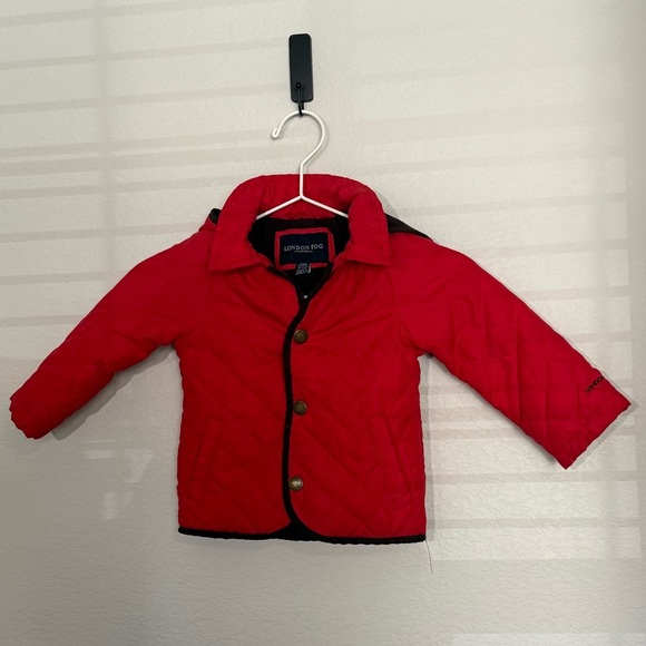 Toddler Girl London Fog Red Quilted Jacket with Hood, Holiday Red 24 months - Picture 2 of 9